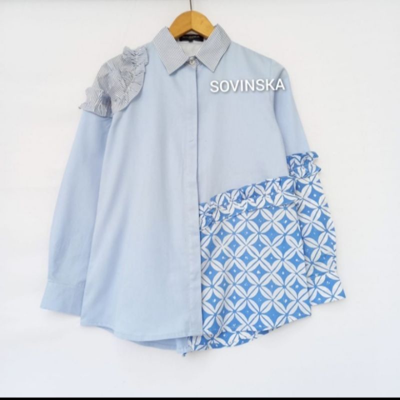 Atasan Batik Kombinasi WP 219 Biru Blus Blouse Baju Kerja Wanita Motif Lengan Panjang original by So