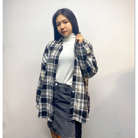 Korean blouse tartan kaos wanita Lengan panjang