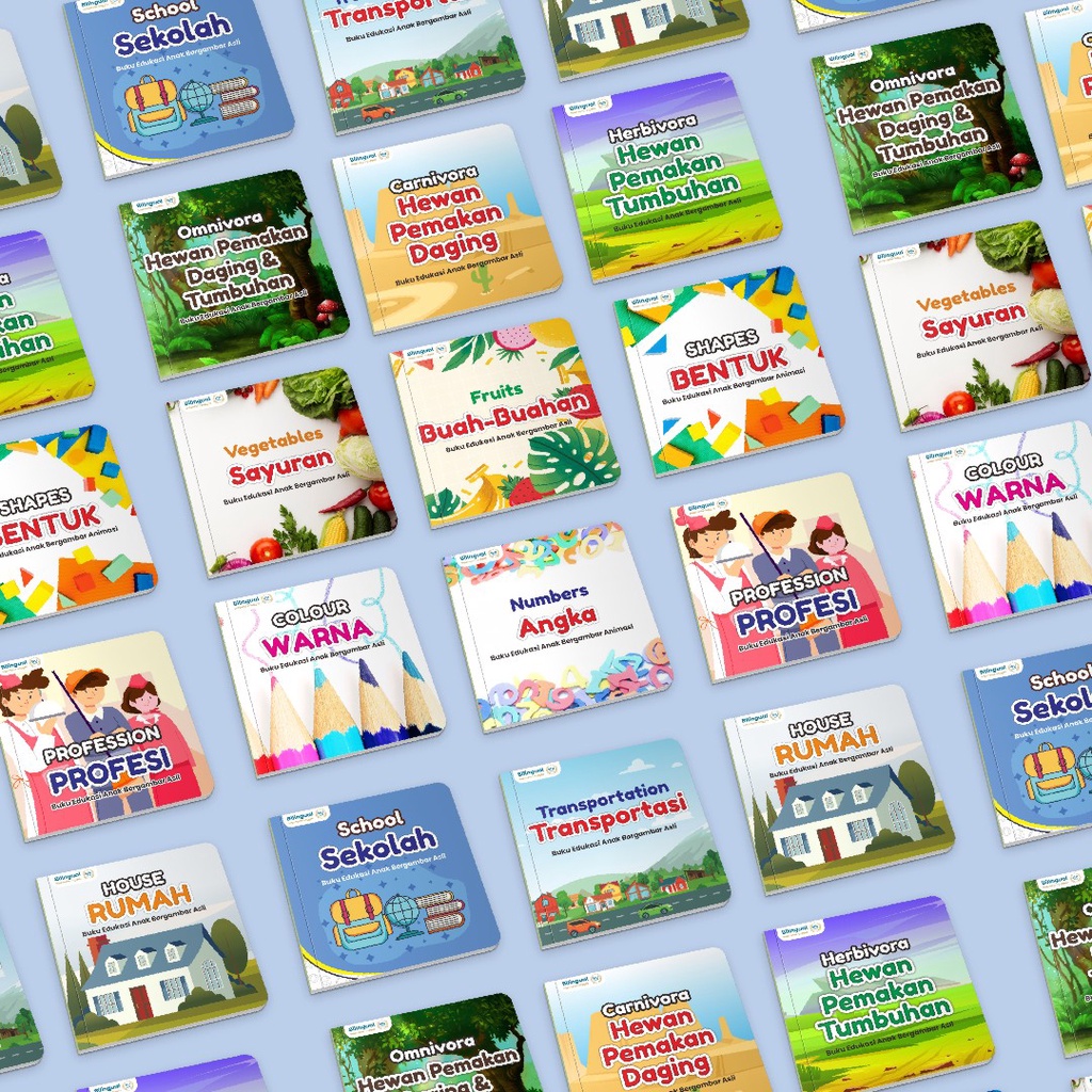 PAKET 12 PCS BUKU MINI BOOK PENGENALAN PENGETAHUAN BILINGUAL ANIMASI EDUKASI ANAK BAYI PAUD