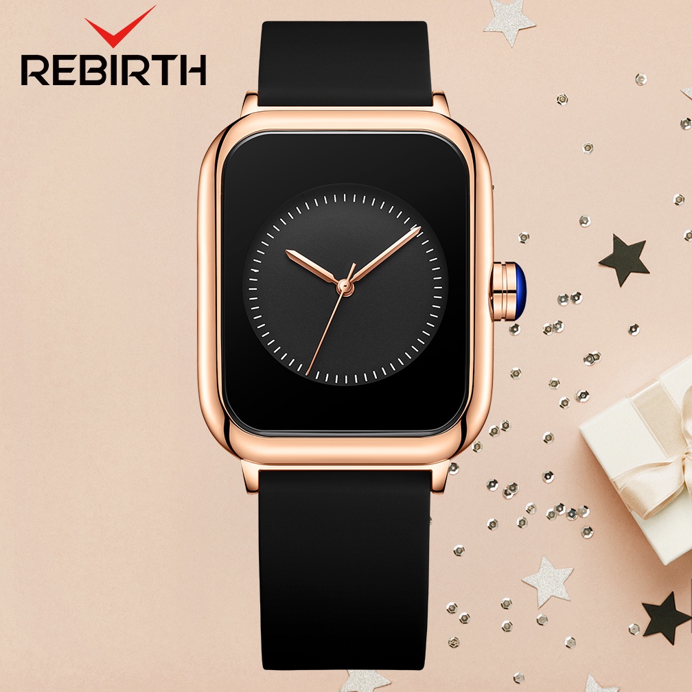 REBIRTH Jam Tangan Wanita Santai Olahraga Tali Silikon Display Kuarsa Tahan Air Jam Tangan Cewek-AllBlack