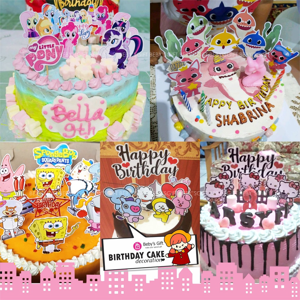 [INSTANT] Topper Cake Hiasan Kue Ultah Karakter Pony BTS Spongebob Dino Tayo Frozen Spiderman