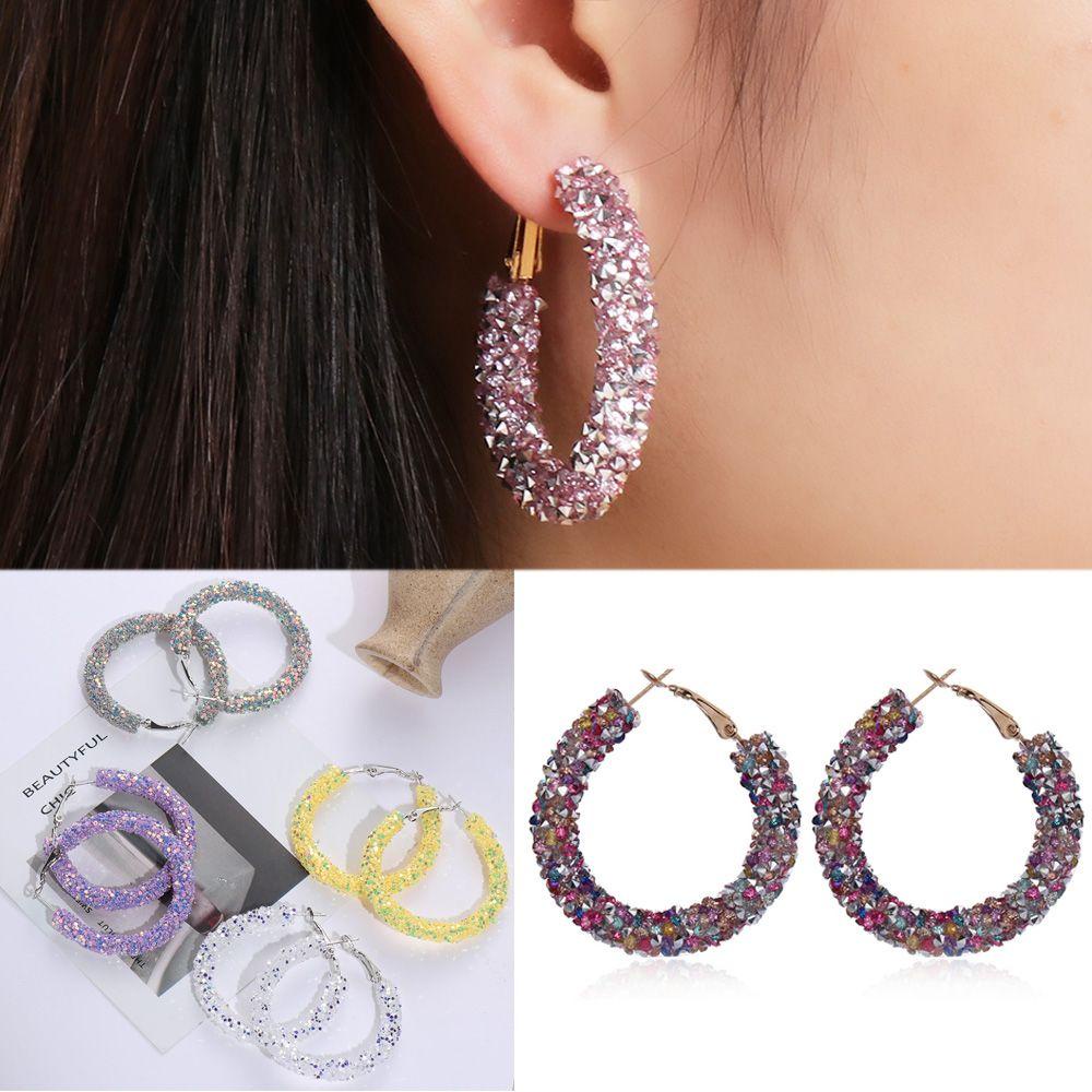 Lily Hoop Earring Charm Glitter Geometris Bulat Kristal Liontin