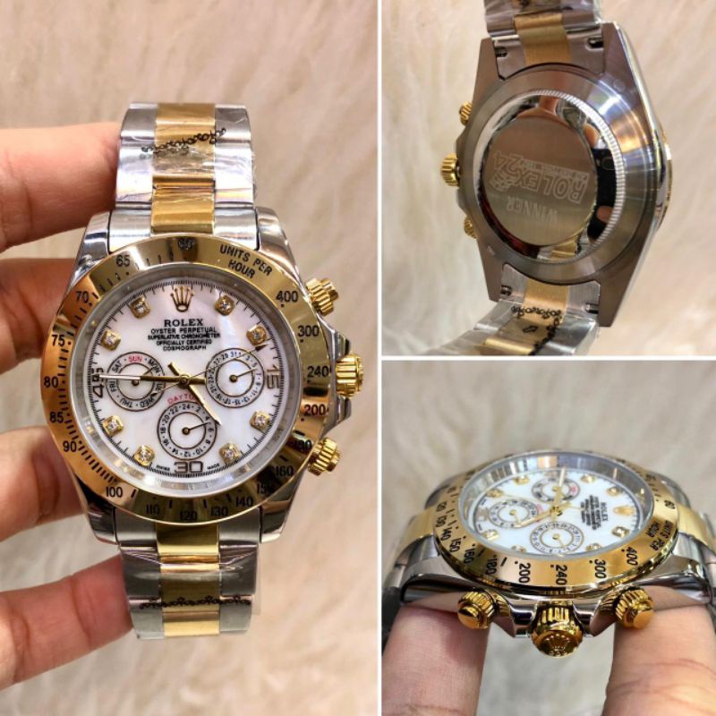 REAL PICT - JAM TANGAN PRIA AUTOMETIC ROLEX DAYTONA RANTAI PREMIUM QUALITY COMBI GOLD PLAT PUTIH