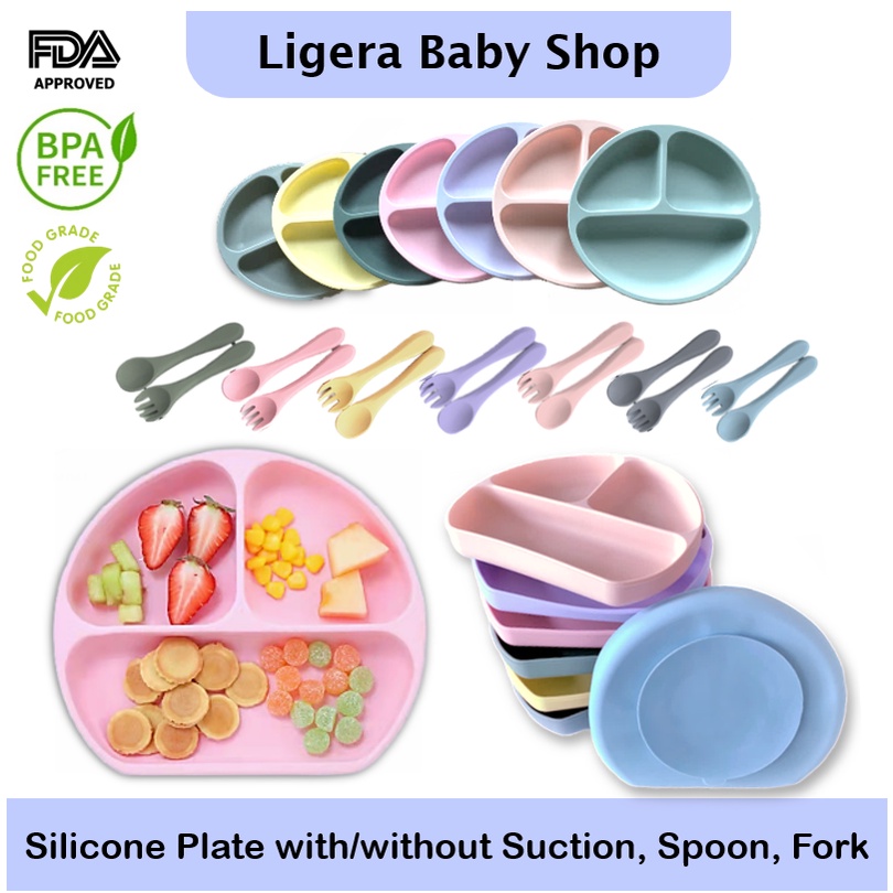 LIGERA Premium SET Suction Plate Silicone Makan Piring Sekat Anti Tumpah Sendok Garpu Bayi Anak