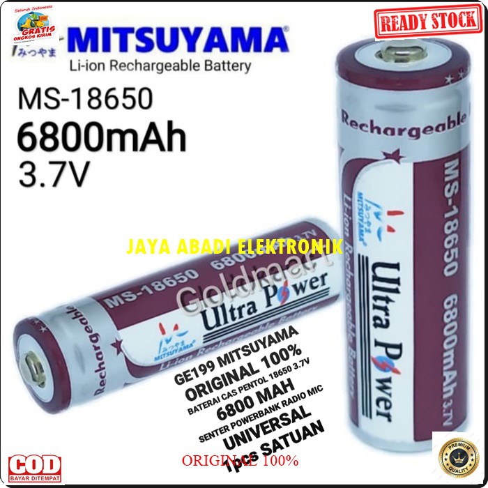 G199 BATERAI MITSUYAMA 18650 PENTOL 3.7V BATERE 6800  CAS CASAN CHARGER SENTER POLICE ULTRA POWER VAPE VAPOR  POWERBANK  HARGA SATUAN UNIVERSAL  Type Lithium Ion Battery Model 18650 Battery Capacity 6800 mAh Battery Voltage 3.7 V  Dapat Digunakan untu