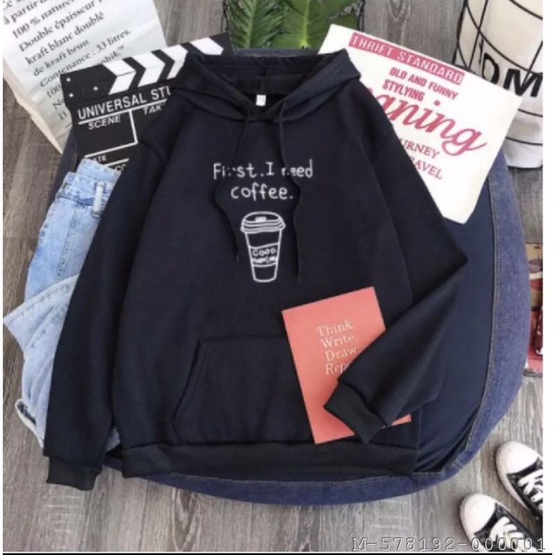 OUTERWEAR WANITA HOODIE NEED COFFEE BABYTERRY VXDE-233Warna: Hitam, Putih, Abu, PinkUkuran: XL- Ld 1