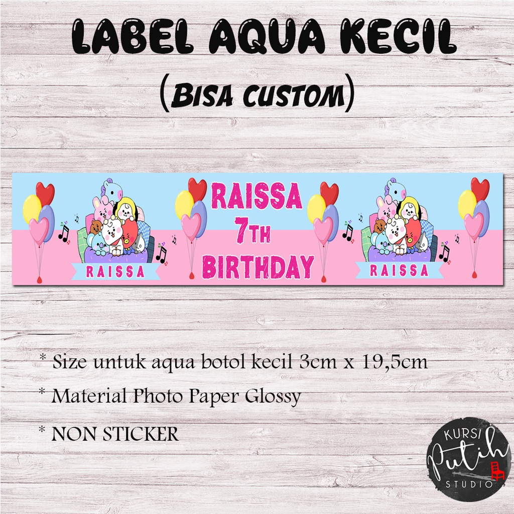 

Label Aqua Botol Kecil bisa custom model / bahan non sticker tema bt21