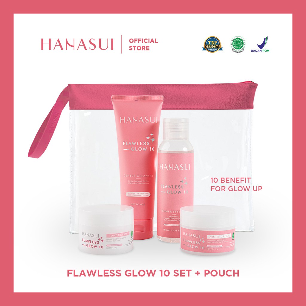 BISA COD - HANASUI FLAWLESS GLOW SET 10 + POUCH - HANASUI SKINCARE PERAWATAN WAJAH CREAM MENCERAHKAN DAN MEMUTIHKAN