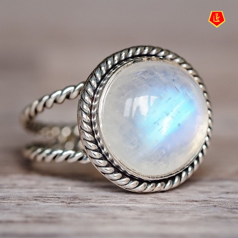 [Ready Stock]Round Moonstone Ring Vintage Silver Exaggerated Punk