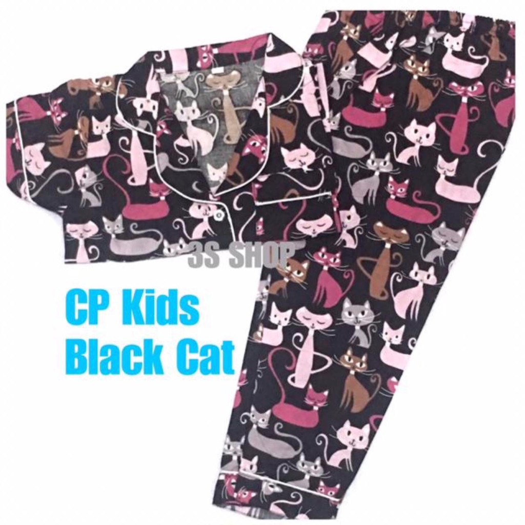 BAJU TIDUR ANAK KIDS SETELAN LENGAN PENDEK CP PIYAMA  KATUN JEPANG BLACK CAT/KUCING