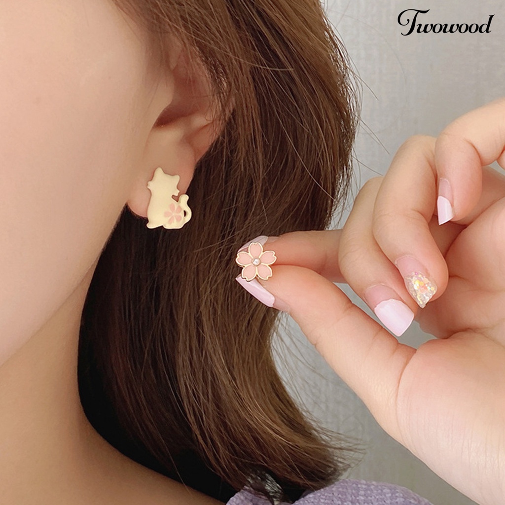 Twowood 1 Pair White Cat Pink Flower Women Earrings Alloy Faux Pearl Asymmetric Stud Earrings Jewelry Accessory