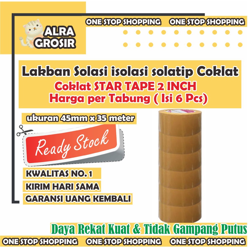 

LAKBAN COKLAT MURAH 2 inch 4,5cm x 35m MEREK STAR TAPE Solasi Isolasi Solatip Solatif Lakban Bening Coklat Star Tape Kuat 4,5cm x 35m Per Tabung isi 6 Pcs Murah Kualitas Terjamin