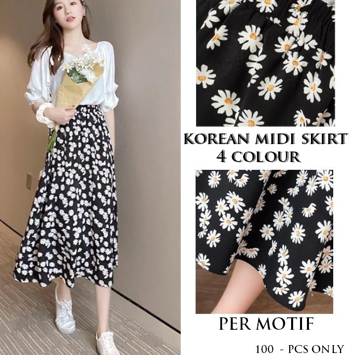 Korean MIdi Skirt Motif Bunga/ Rok Panjang Wanita