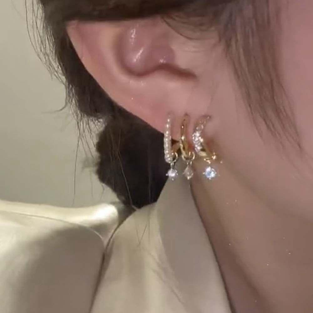 Needway Cakar Pejantan Anting Wanita Kepribadian Retro Perak Emas Tiga Lapisan Busur Geometris Zirkon Gaya Korea Earrings