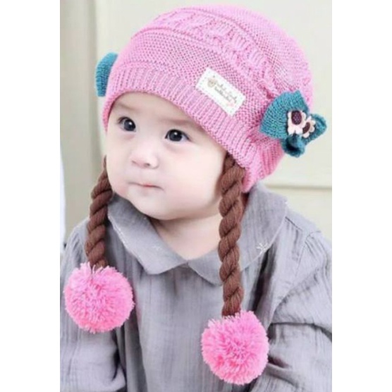 Topi Bayi Perempuan Rambut Kepang Motif Pita Riquest Bordir Nama Gratis