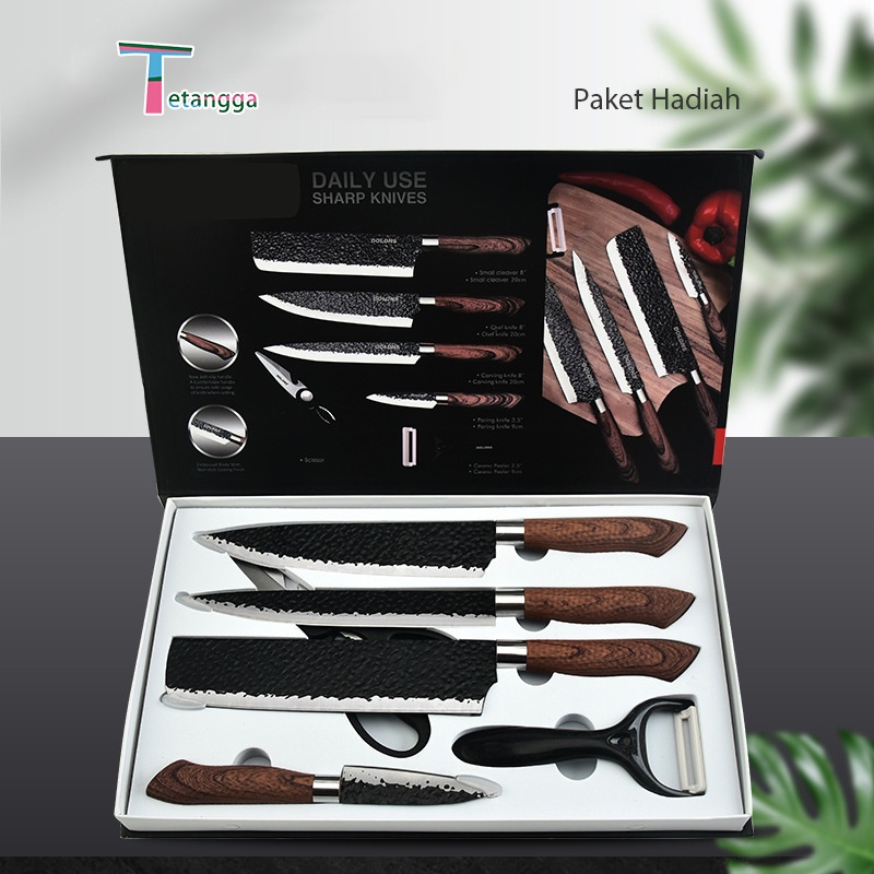 Pisau Dapur Set isi 6 pcs Wooden Holder Kitchen Knife Set Tidak Lengket Sangat Tajam Pisau