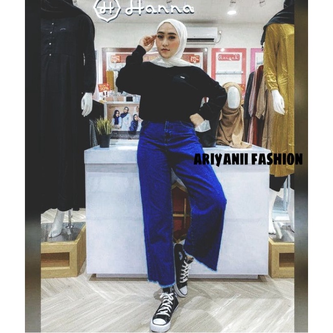 ARN - CELANA KULOT JEANS WANITA RAWIS HITAM PUTIH HIGHWAIST PANJANG DENIM MURAH CASUAL Korean Style