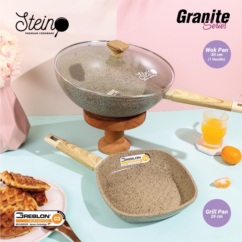 STEIN STEINCOOKWARE PAKET IVORY GRANITE SERIES COATING GERMAN GREBLON ORIGINAL ( wok pan 30 cm dan grill pan 20 cm ) FREE FLIPPER STEIN