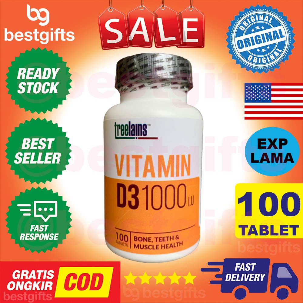 TREELAINS VITAMIN D3 1000 IU VIT D 1000IU ANTIOKSIDAN IMUN TUBUH TULANG OSTEOPOROSIS GIGI 100 TABLET