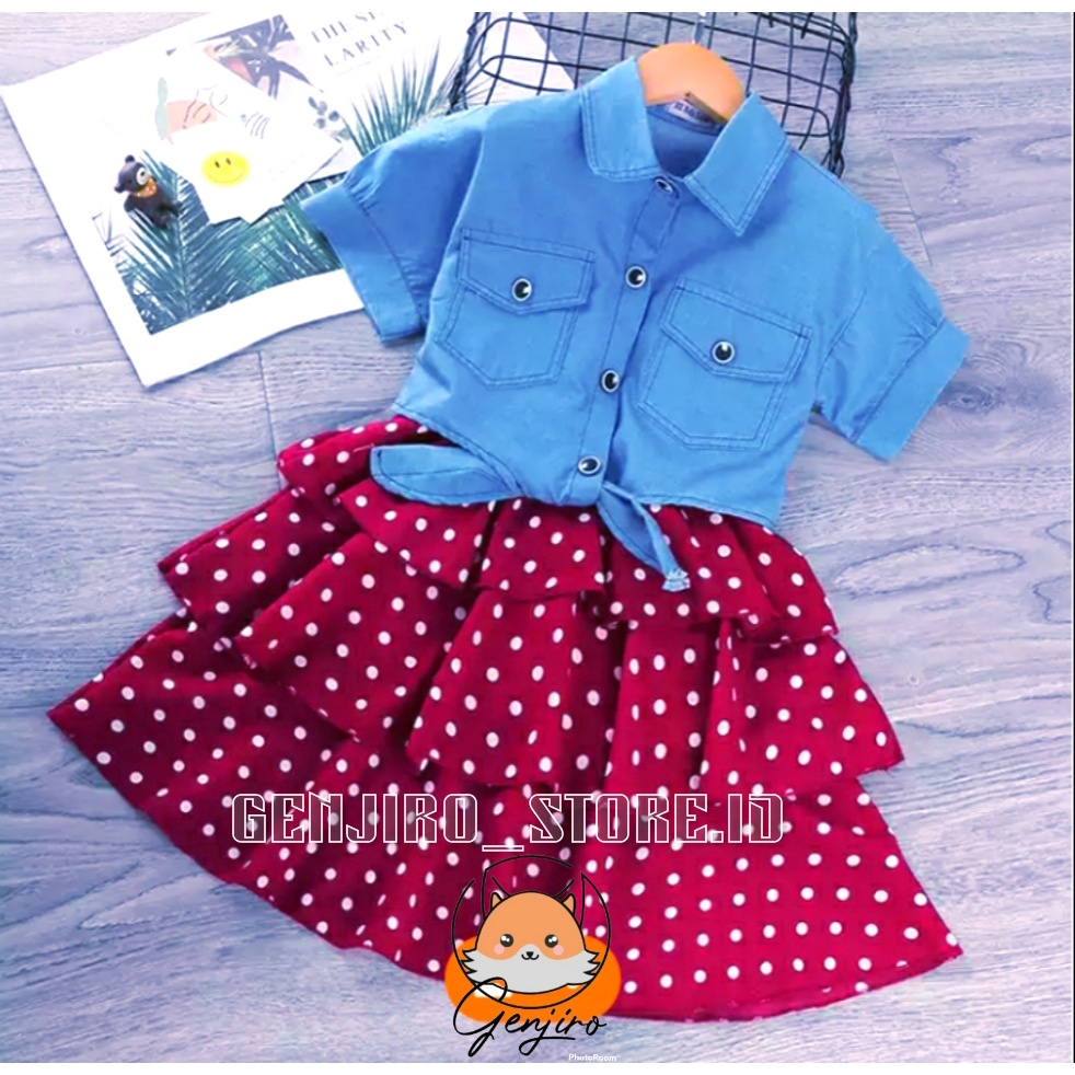 GENJIRO STORE.ID/PAKAIAN ANAK PEREMPUAN/DRESS ANAK PEREMPUAN/DRESS DAN ROMPI DENIM/DRESS POLKADOT SINGLET + ROMPI DENIM/UNTUK USIA 6 BULAN-5 TAHUN/BISA COD