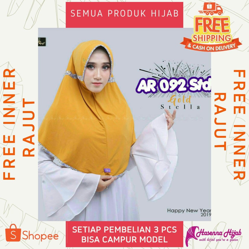 Jilbab Arrafi Hijab Terbaru AR 092 Std Polos Serut Kombinasi List Bunga Matt Stella Senna Store