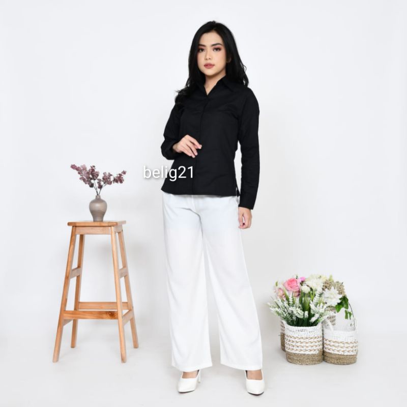 Kemeja Putih Hitam Wanita Kerja Kantor Formal Lengan Panjang / kemeja kerja lengan panjang