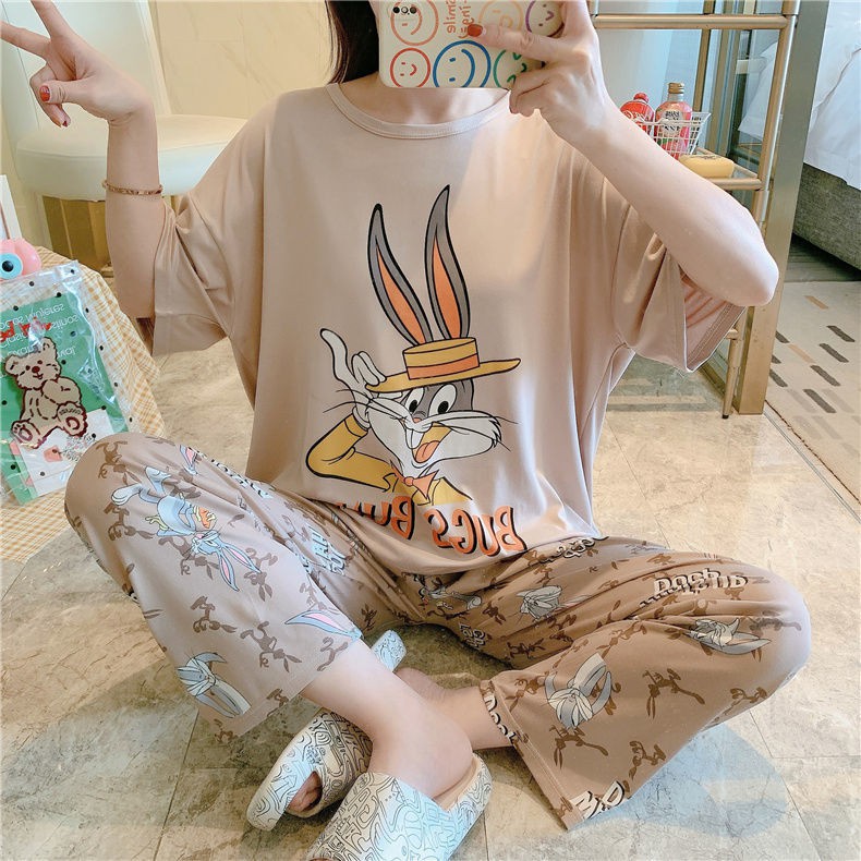 Baju Tidur Import CP Bunny Coklat / Piyama  Lengan Pendek Celana Panjang