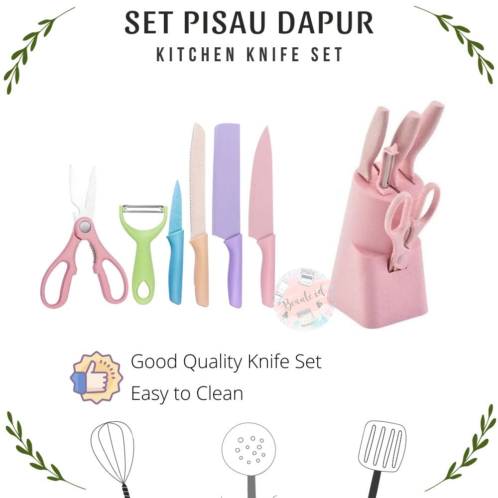 Set Pisau Dapur Pemotong Sayur Peeler Pengupas Buah Gunting Daging Tempat Pisau Stainless Steel Aestethic Berkualitas 6 in 1 Kitchen Knife Set Good Quality