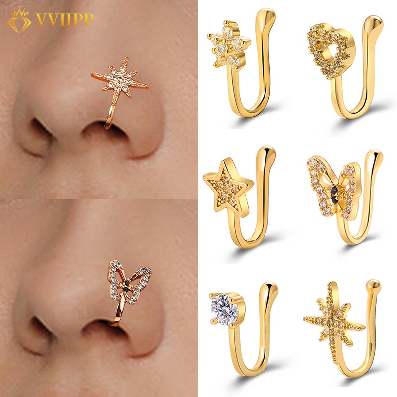 Personality Diamond Butterfly Women Nose Ring Alloy Star Gold Clip on Nose Fashion Jewelry Gift