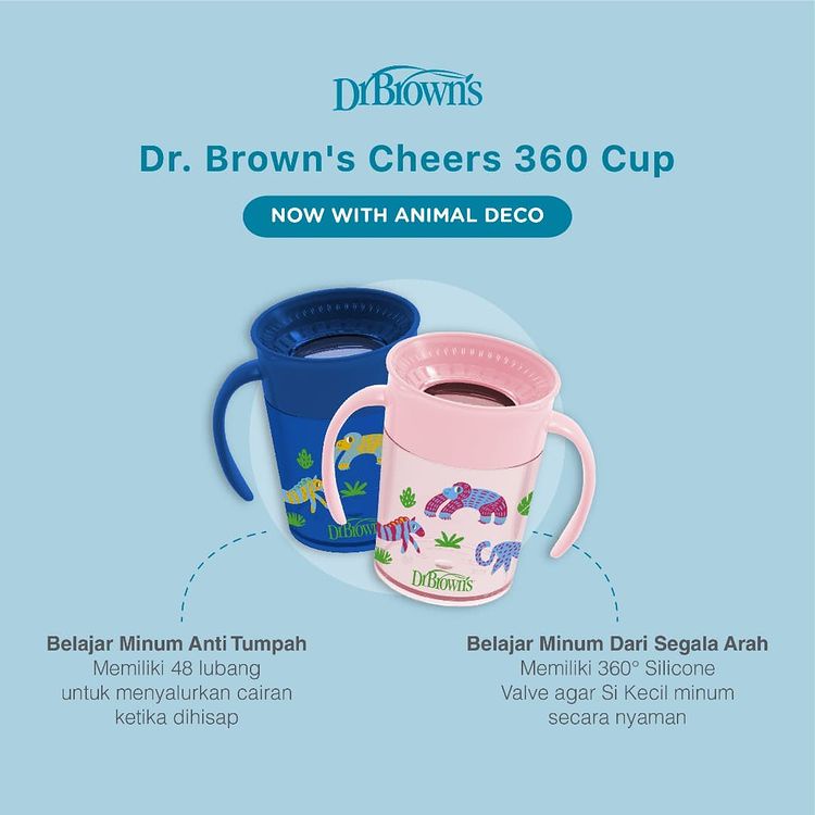 Dr. Brown's Smooth Wall Cheers 360 Cup w/ Handles, Pink/Blue - Botol Minum Anak - Gelas Bayi - Peralatan Makan Bayi 6m+ - 200ml (Tersedia varian warna)