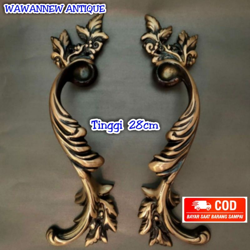 Handle Pintu / Gagang Pintu Rumah Pagar Kuningan Antik Motif Cakar Daun AB 28cm