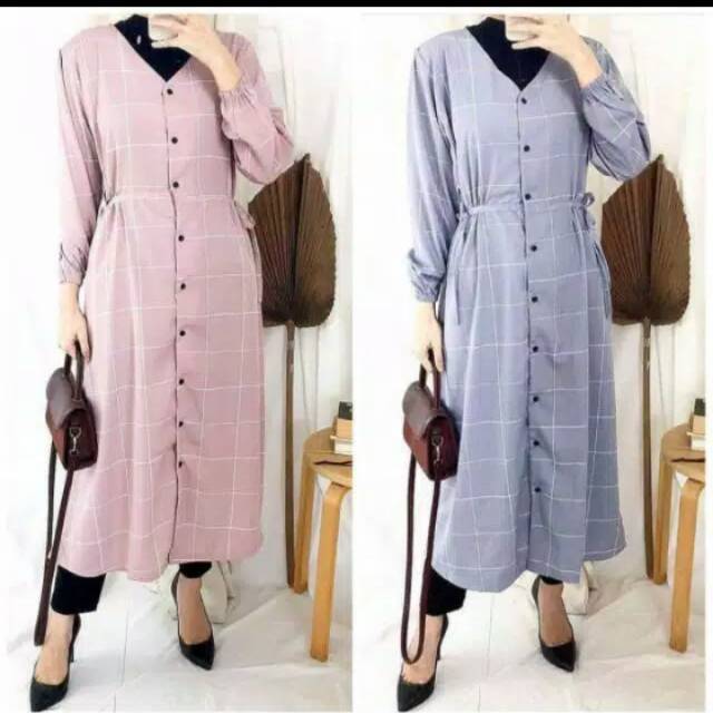 Gamis Full Kancing Tali Pinggang Motif Kotak