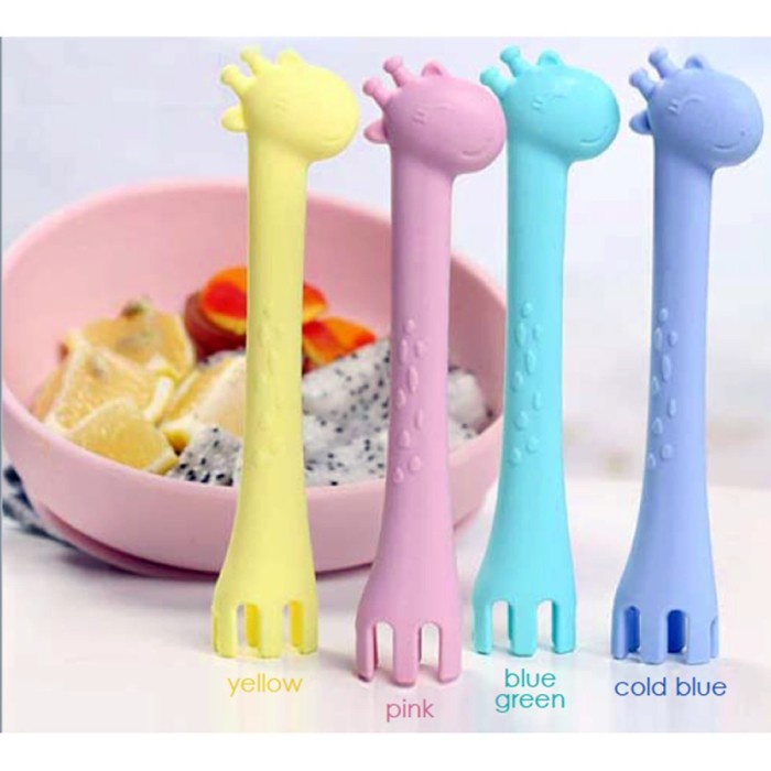 BABYQLO 2pcs Giraffe Silicone Baby Training Spoon Sendok Bayi BLW