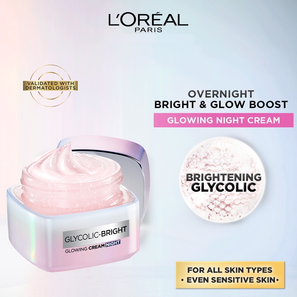 ★ BB ★ L'Oreal Paris Glycolic Bright Glowing Night Cream 15ml - 50ml | Skin Brightening Krim Malam Glyco Loreal