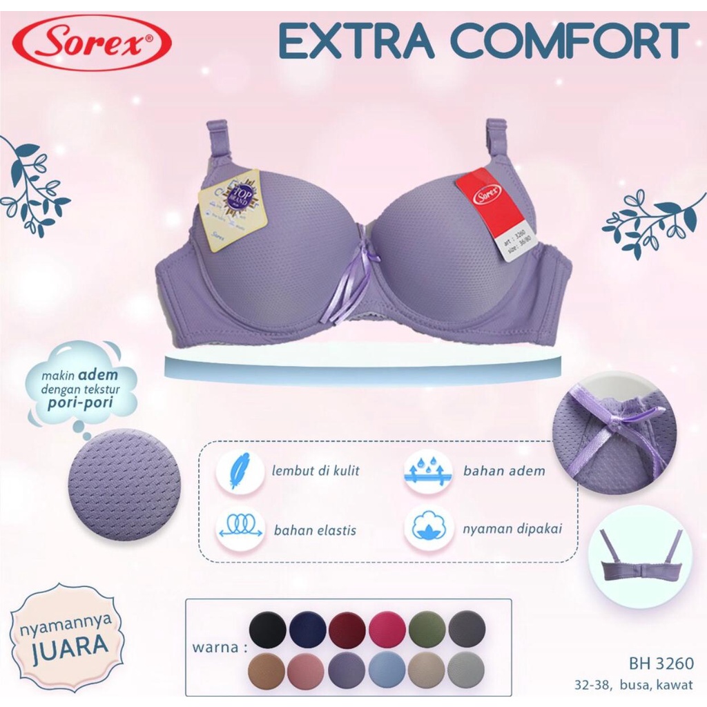 BH BRA SOREX 3260 - BH 3260 SOREX - BH PORI PORI SOREX -Bra Extra Comfort Busa Kawat Kait 2 Setara Cup B |size 32-38 |bahan super lembut - BH ASLI SOREX - ara98store