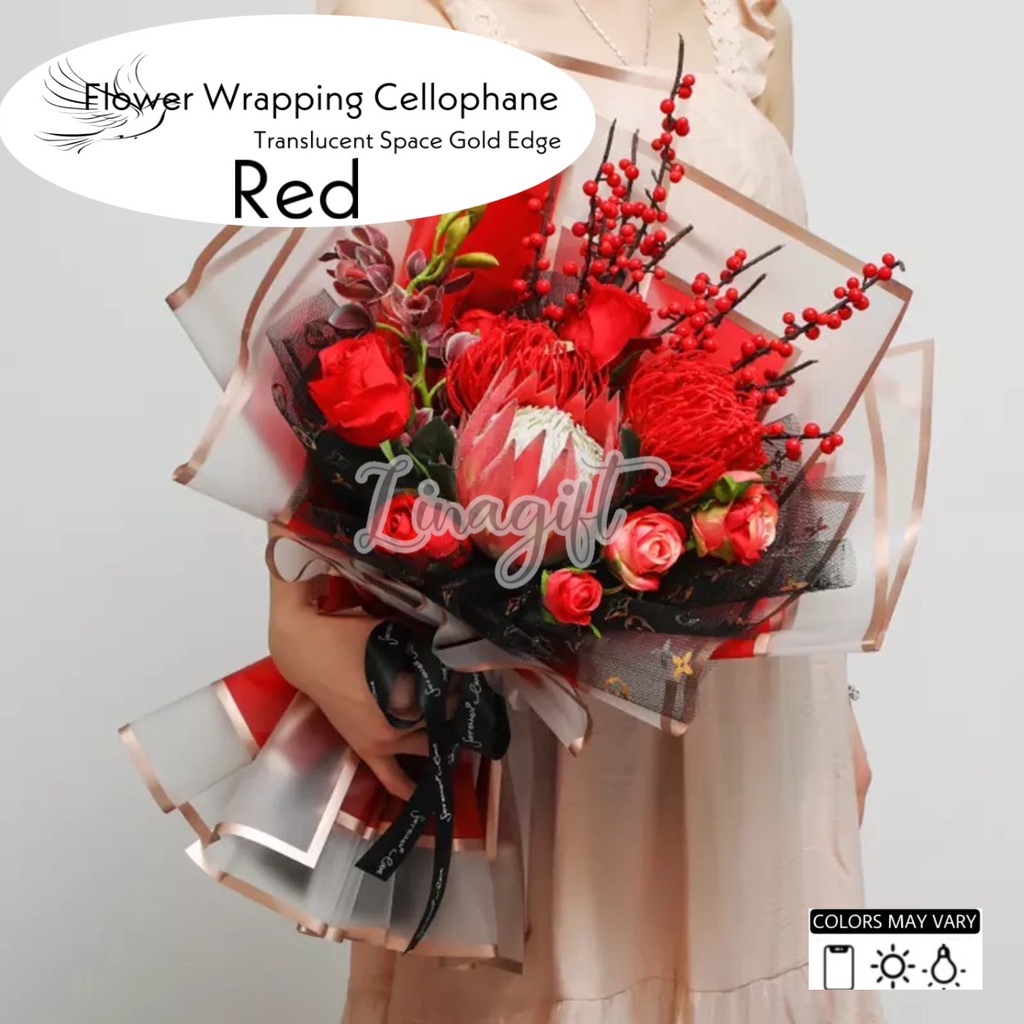 ( 5 Lembar ) TRANSLUCENT GOLD LINE - FLOWER WRAPPING PAPER PLASTIC CELLOPHANE GOLD LINE MATTE KERTAS BUNGA TRANSPARANT KERTAS BUNGA BOUQUET BUKET FLORIST