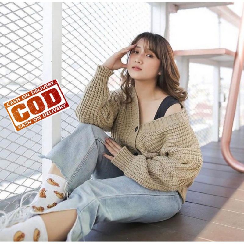 Cardigan Rajut OVERSIZE  CROP 7GET-Cream