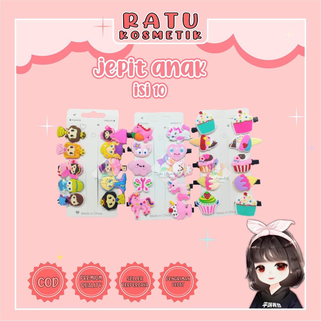 ❤ RATU ❤ Jepit Rambut Anak Wanita / Poni Korea BT21 Princess Unicorn Cupcake | Tip Top Lucu Card isi 10