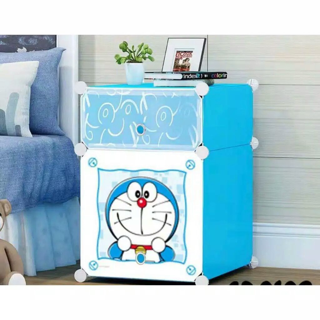 (2KG) Lemari mini plastik bedside table anti air rak buku susun 2 pintu/kotak pintu karakter SHENAR