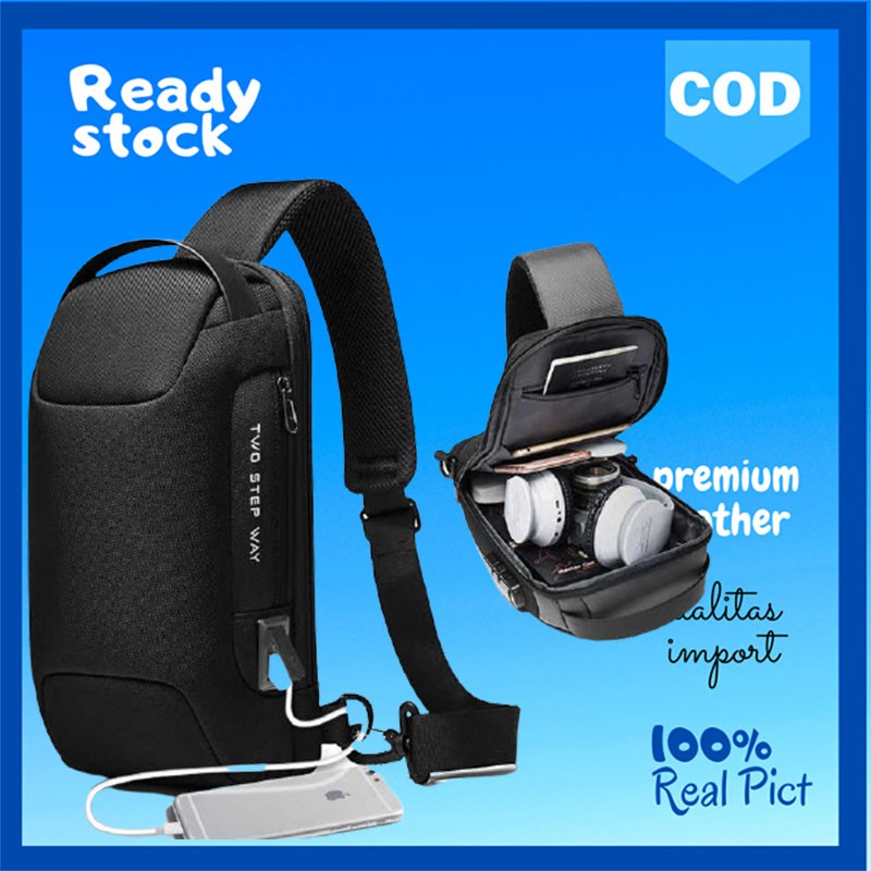 Tas Selempang Pria Tas Pria Sling Bag Pria Charger USB - Tas Pria Sling Bag Cowok Charger USB