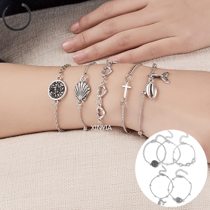 5Pcs / Set Shell Gelang Tangan Wanita Model Simpul Berongga fishtail  Adjustable Fashion Bracelet