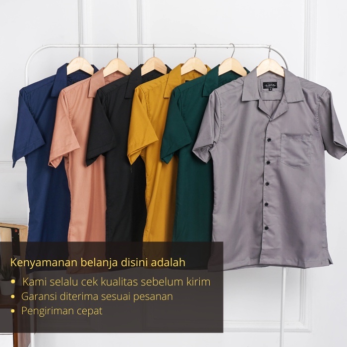 Kemeja Bowling Shirt V Neck Pria Lengan Pendek Kameja Hawai Katun Toyobo Polos Slim fit Pria Keren