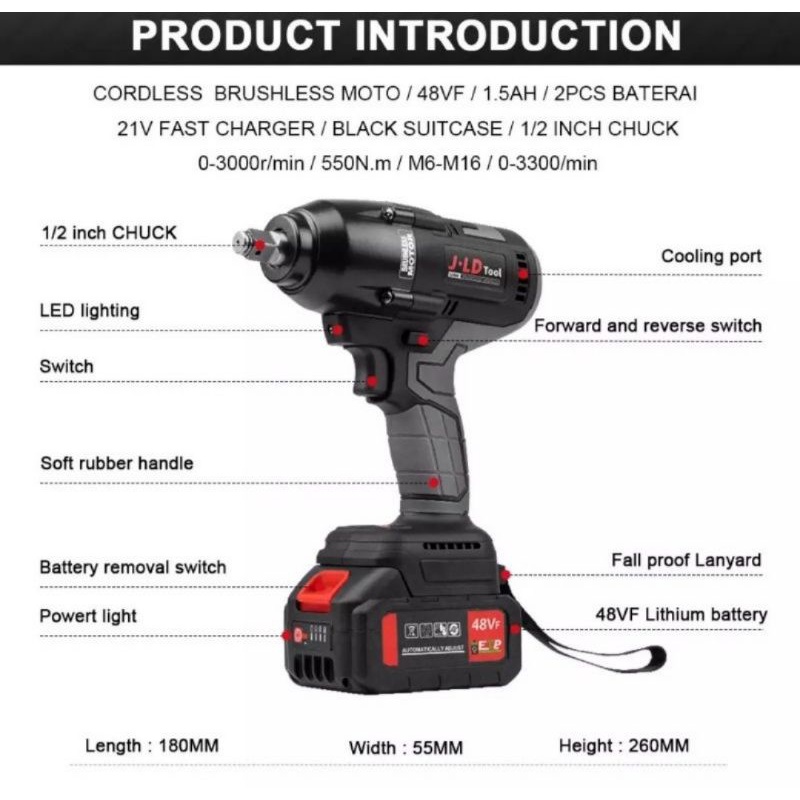 Impact Wrench JLD J88F 550 NM 48Vf Cordless Bor Buka Pasang Baut Mobil Motor