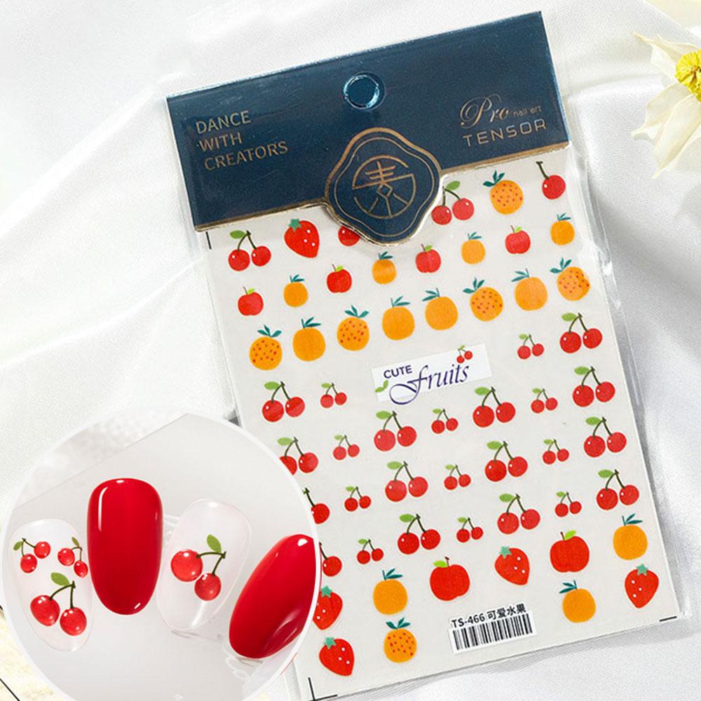 AUGUSTINA Agustin 3D Kuku Stiker Musim Semi Musim Panas Baru Indah Lucu Peach Buah Strawberry 5D Tipis Tangguh Kartun Cherry Manicure Aksesoris Perekat Diri Stiker