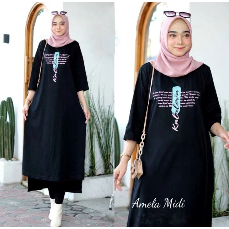 Terbaru Amela Midi Dress Premium Midi Dress Catton Combed 24s Import Midi Dress Kaos Sablon Long Dre