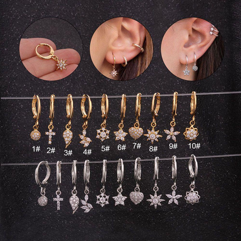 Needway Menjuntai Anting Bulat Warna Emas/ Perak Bunga Bintang Cinta Hati Aksesoris Fashion Hoop Earing