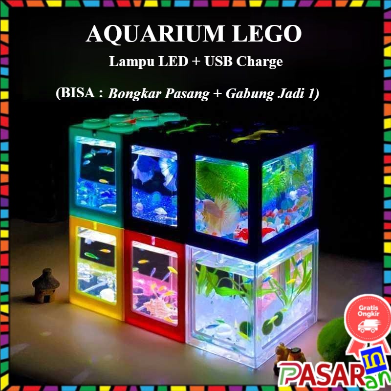 ⭐Aquarium Mini Ikan Cupang LED USB Akrilik Model LEGO - Akuarium Lego