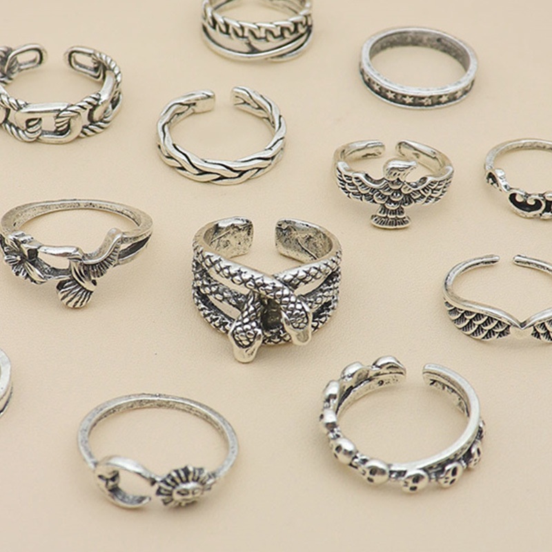 13pcs / set Cincin Desain Elang / Bunga / Bulan / Bintang / Hati / Geometri / Sayap Untuk Wanita