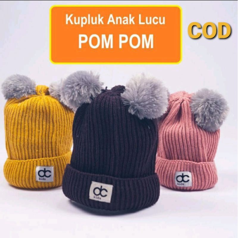 KUPLUK BAYI UNISEX POMPOM RAJUT UNTUK ANAK 1 - 6 TAHUN