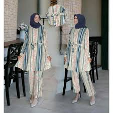 Setcel Tunik Celana Baju Setelan Tunik/Busui Terbaru/ Setelan Celana Cantik/Jumbo Motif D Light Blue